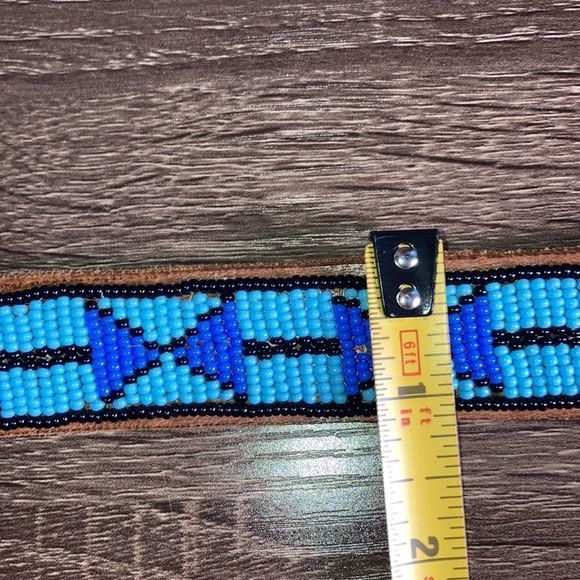 Hand Beaded Leather Belt unisex Small Blue/Black/ Brown - Picture 12 of 12